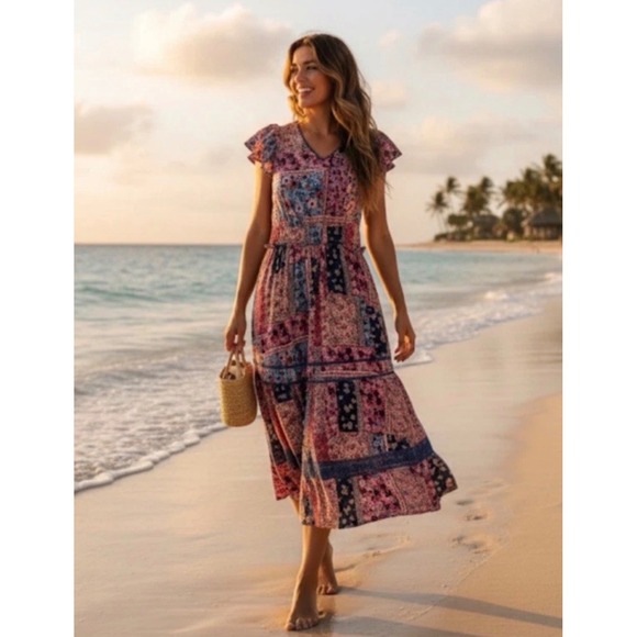 Matilda Jane Dresses & Skirts - Matilda Jane Wildlife Patchwork Floral  Pink Blue Maxi Dress Flutter Sleeve Med